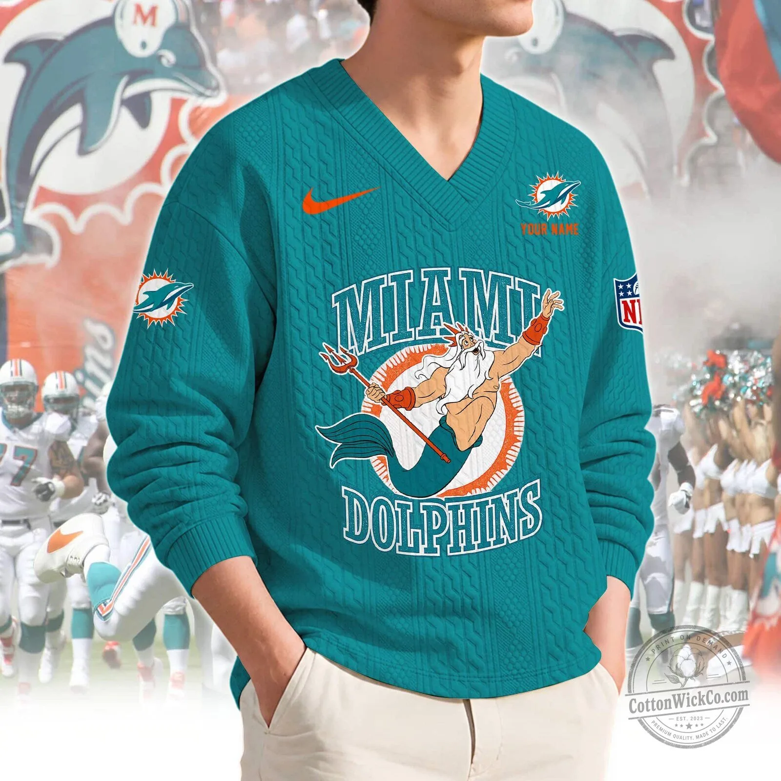 Miami Dolphins Football Team Logo Knit V-Neck Sweater
