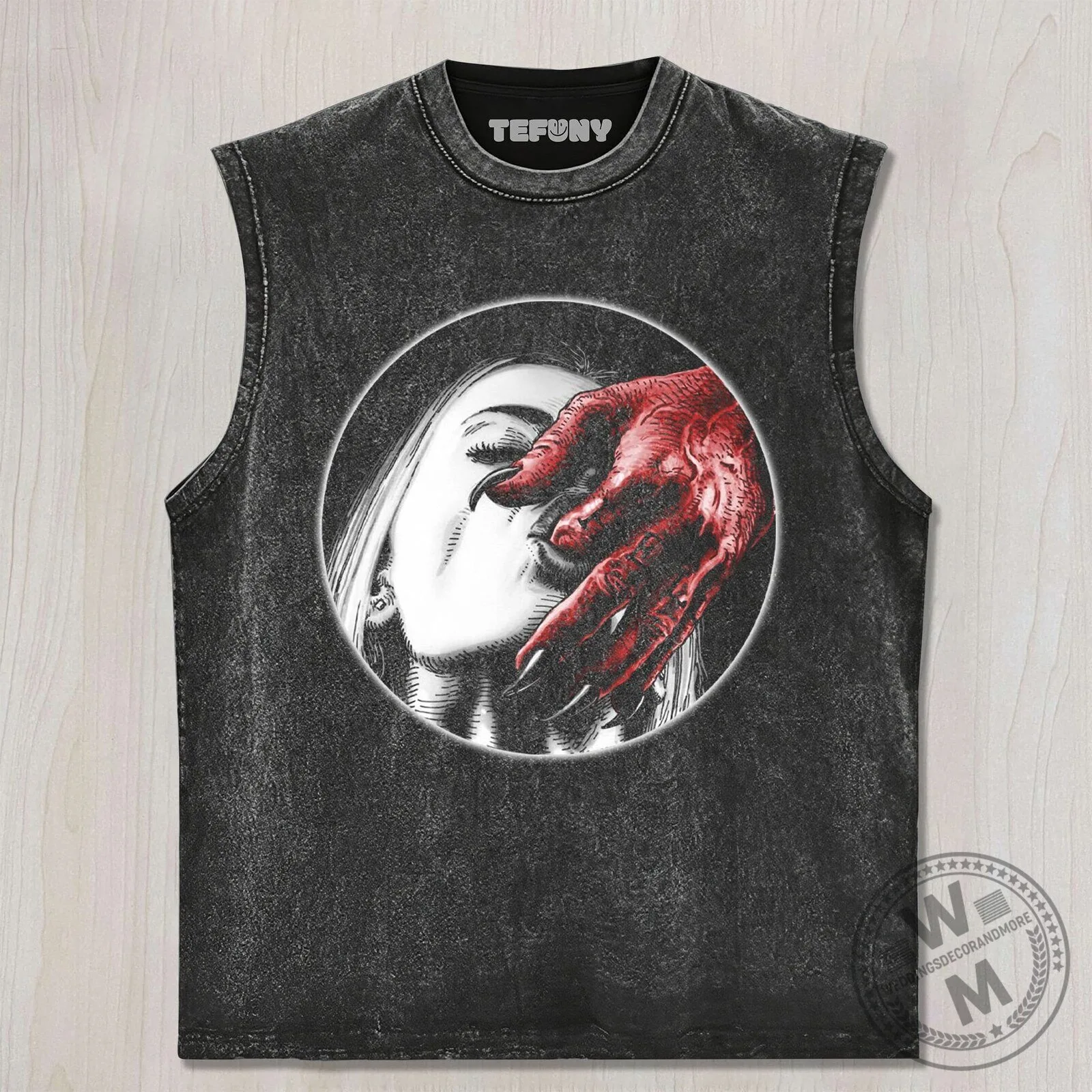 Gothic Demon Hand Covering Woman's Face Dark Washed T-Shirt 6 Gothic Demon Hand Covering Woman