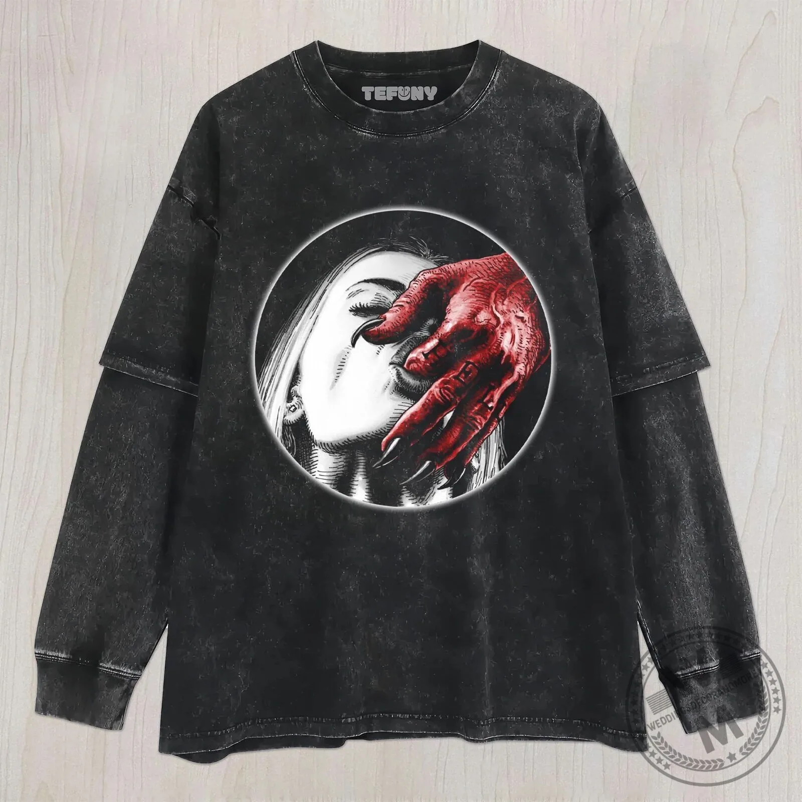 Gothic Demon Hand Covering Woman's Face Dark Washed T-Shirt 7 Gothic Demon Hand Covering Woman