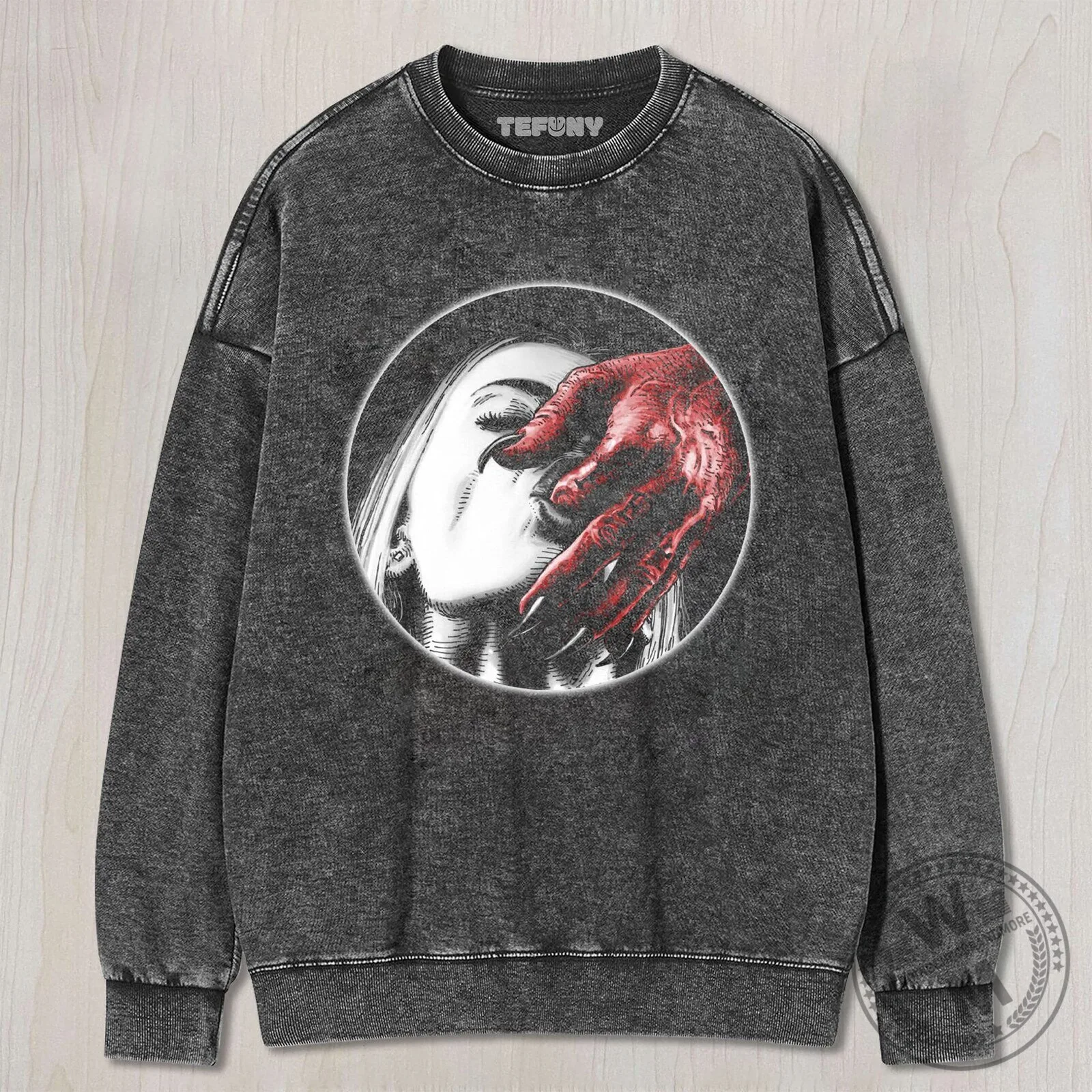 Gothic Demon Hand Covering Woman's Face Dark Washed T-Shirt 8 Gothic Demon Hand Covering Woman