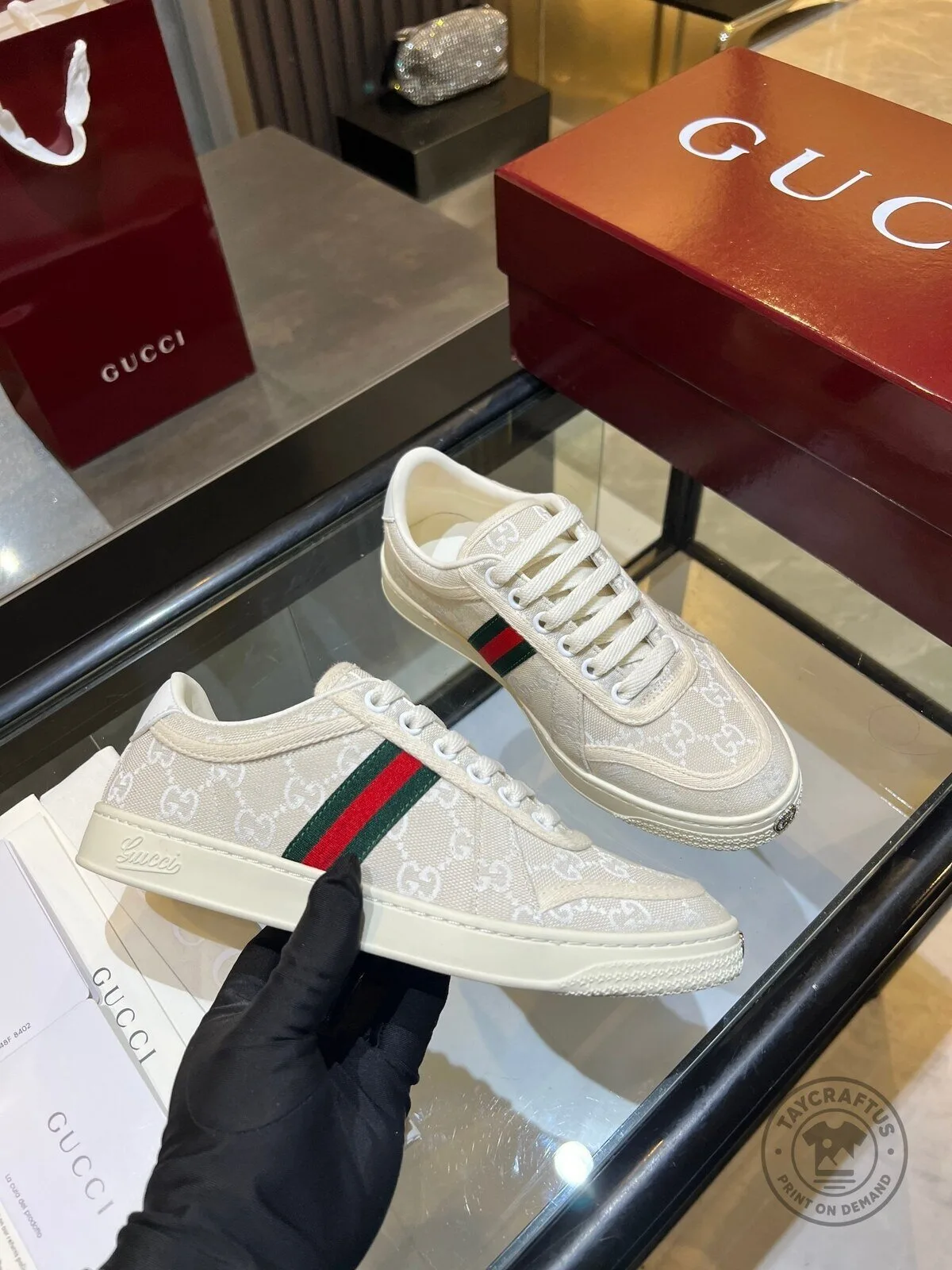 Gucci GG Supreme Pattern White Canvas Sneakers with Red and Green Stripe 4 Gucci GG Supreme Pattern White Canvas Sneakers with Red and Green Stripe