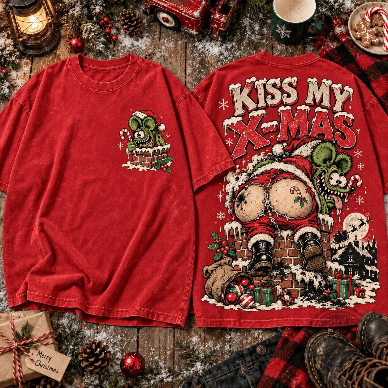Rat Fink Kiss My Christmas Funny Santa Claus Holiday Rebel T-Shirt