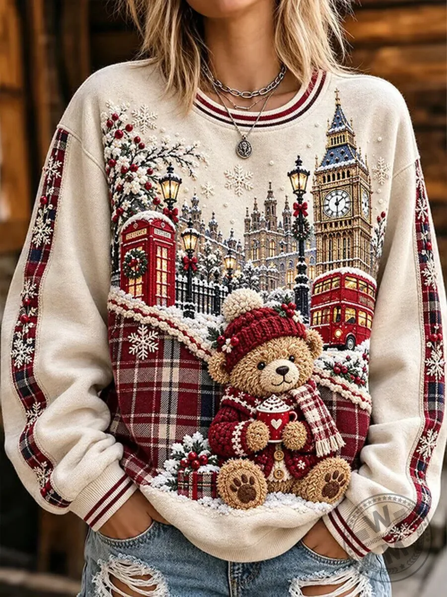 Christmas Teddy Bear London Big Ben Red Bus Winter Scene Sweatshirt 1 Christmas Teddy Bear London Big Ben Red Bus Winter Scene Sweatshirt