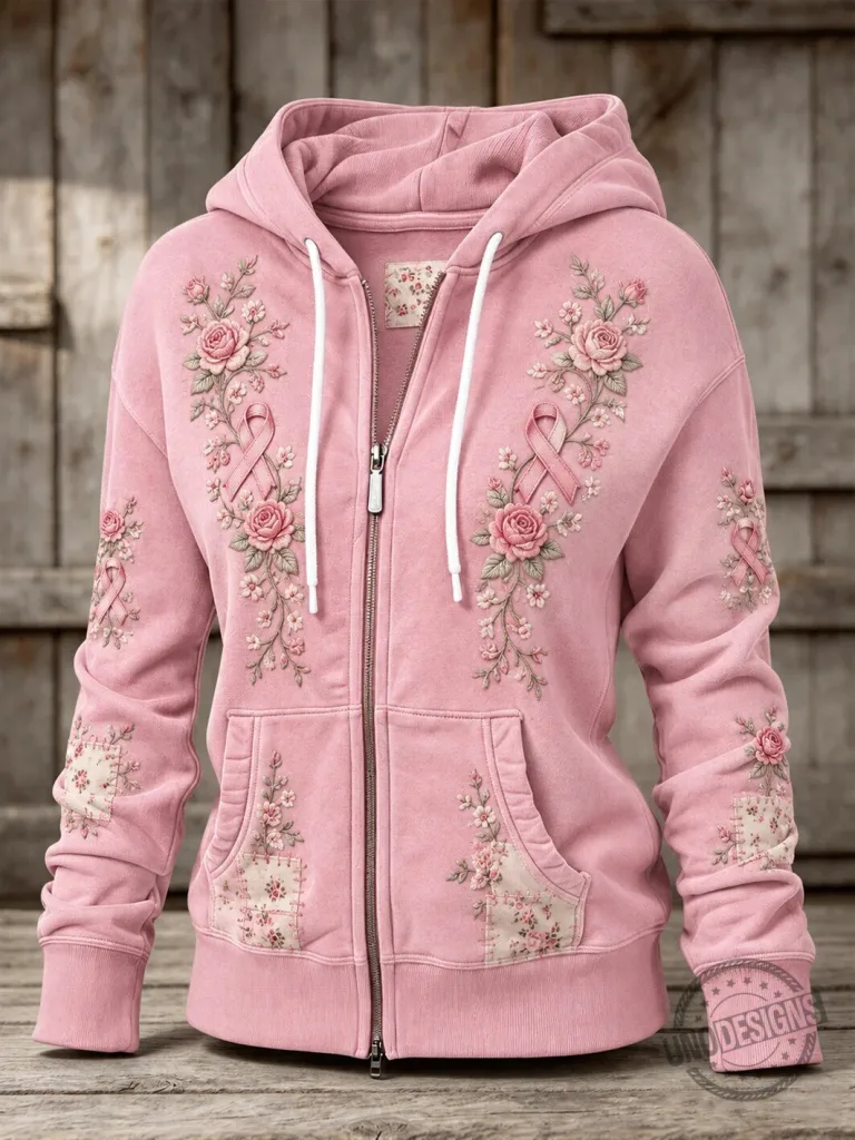 Pink Rose and Breast Cancer Awareness Ribbon Floral Embroidered Zip-Up Hoodie