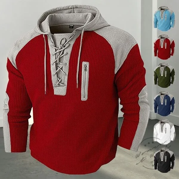 Men's Retro Color Block Lace-Up Pullover Hoodie with Zipper Detail