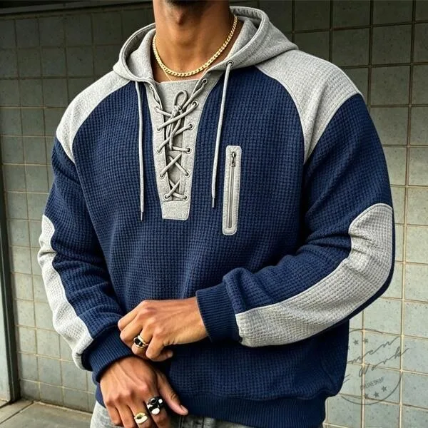 Men's Retro Color Block Lace-Up Pullover Hoodie with Zipper Detail 7 Men