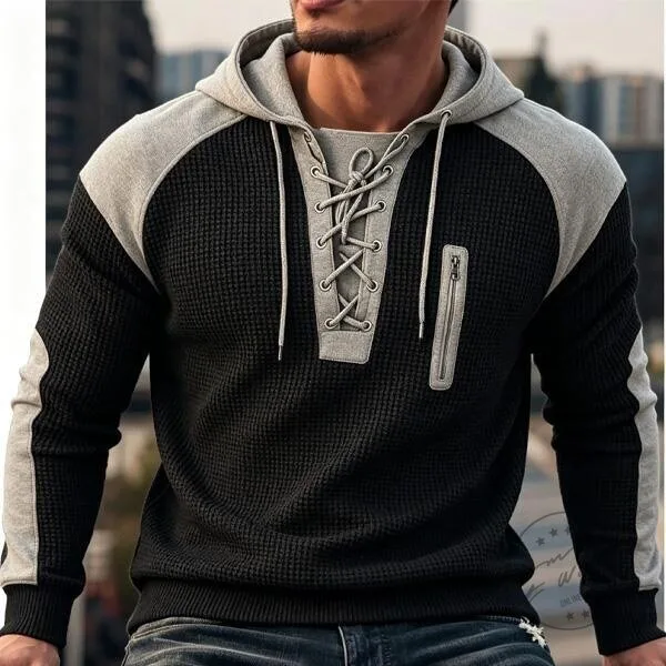 Men's Retro Color Block Lace-Up Pullover Hoodie with Zipper Detail 8 Men