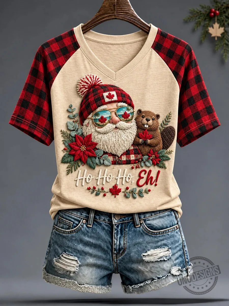 Canadian Santa Claus Ho Ho Ho Eh Christmas Plaid Raglan T-Shirt