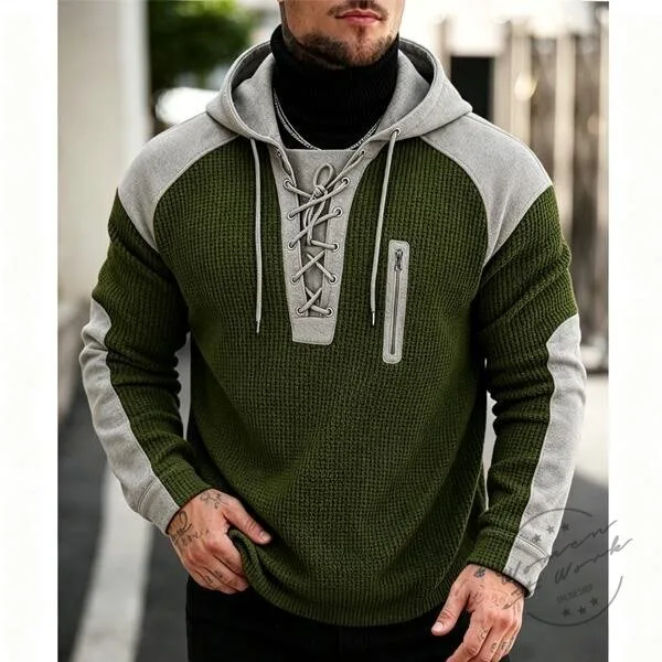 Men's Retro Color Block Lace-Up Pullover Hoodie with Zipper Detail 9 Men