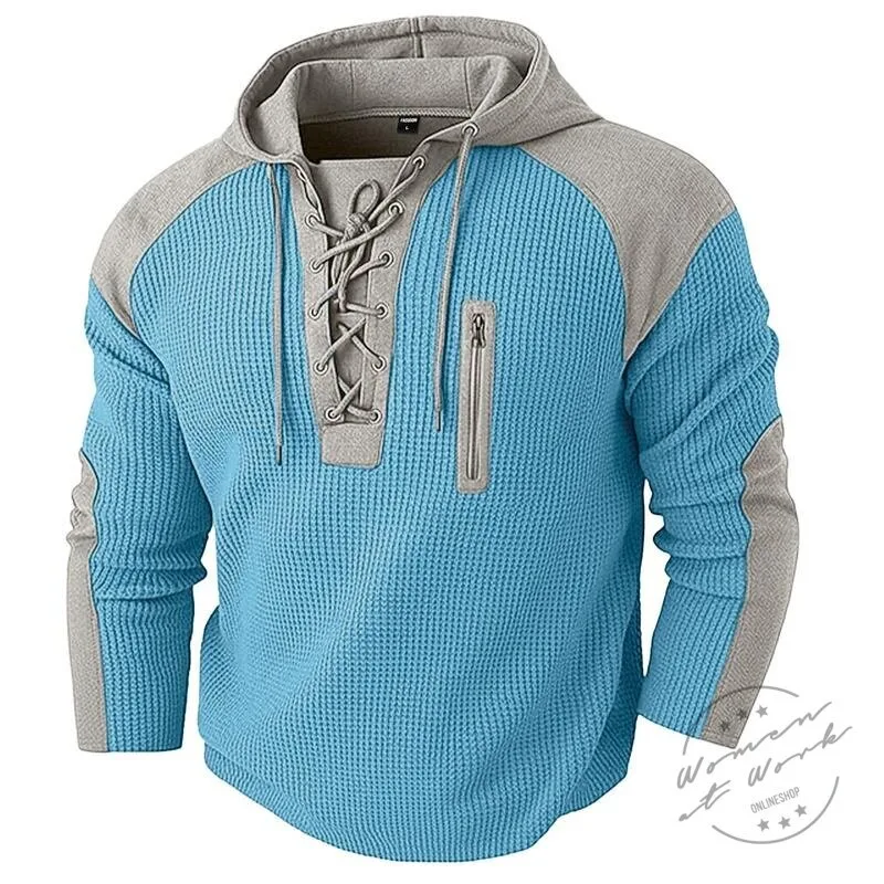 Men's Retro Color Block Lace-Up Pullover Hoodie with Zipper Detail 10 Men