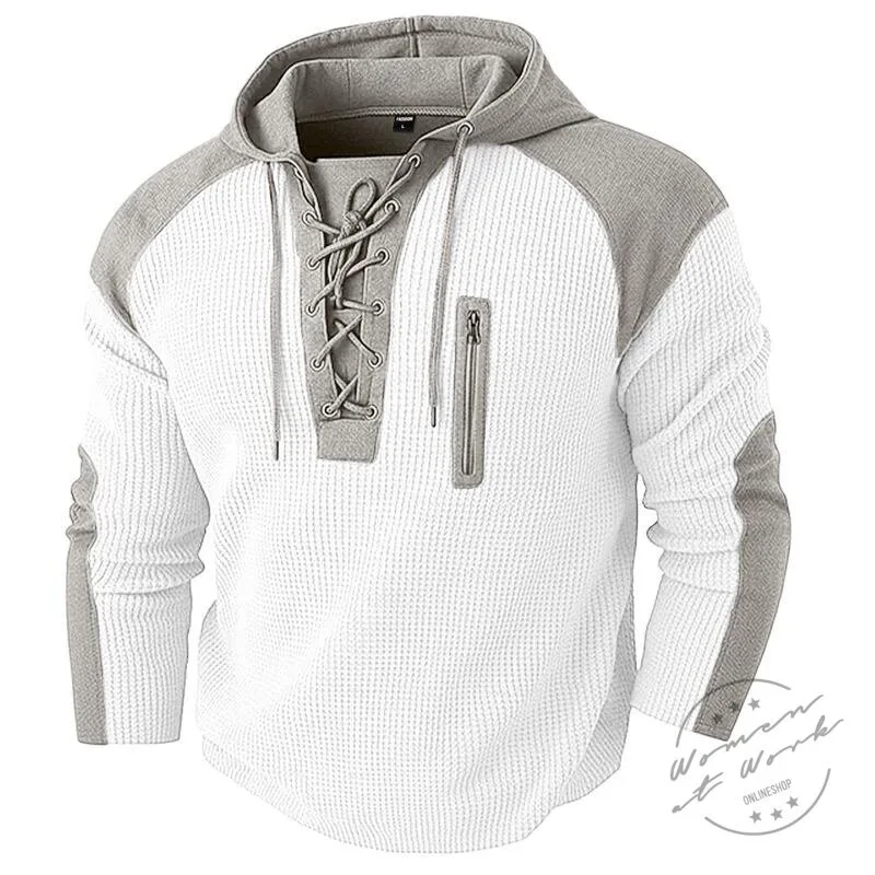 Men's Retro Color Block Lace-Up Pullover Hoodie with Zipper Detail 11 Men