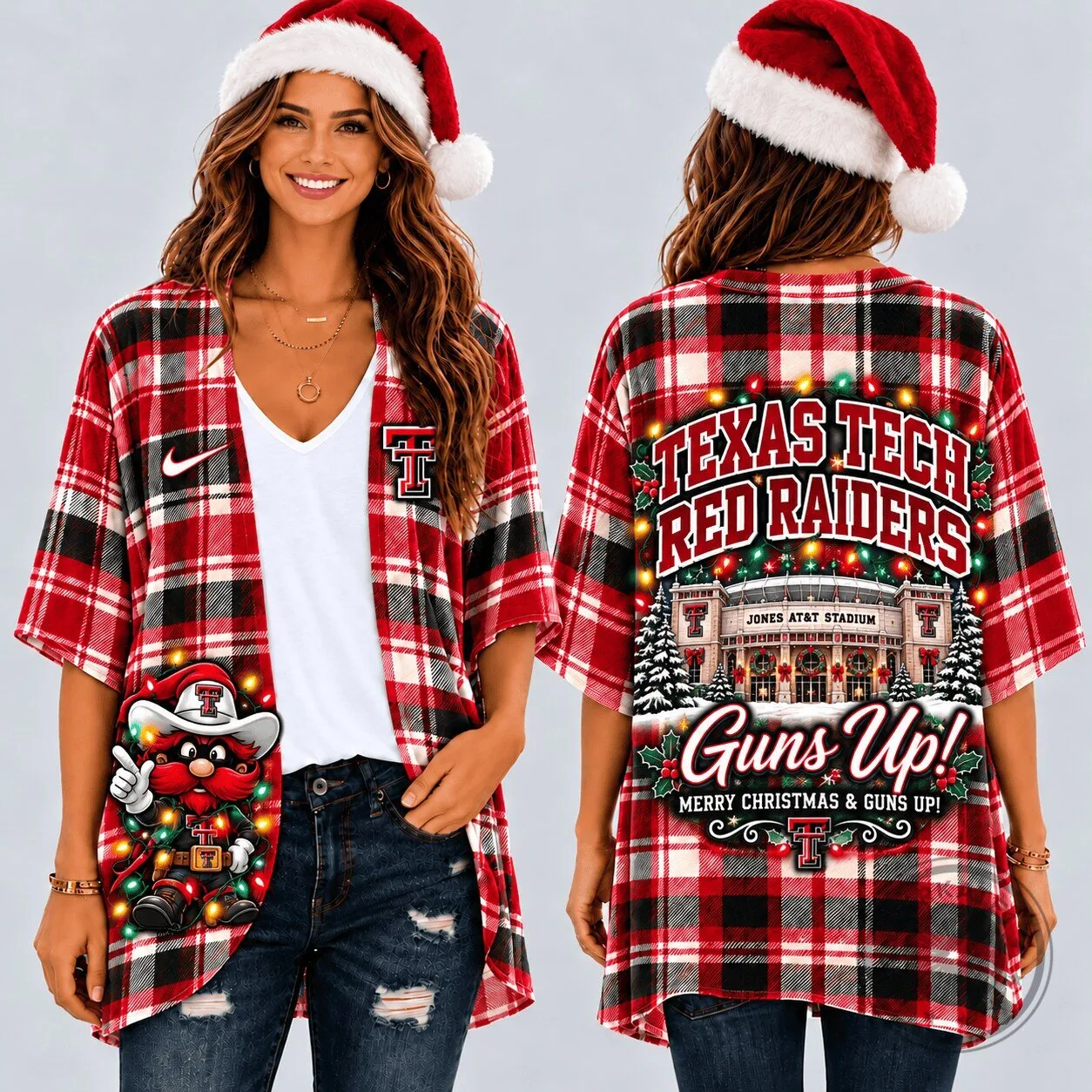 Texas Tech Red Raiders Christmas Plaid Pattern Women's Kimono Cardigan 1 Texas Tech Red Raiders Christmas Plaid Pattern Women
