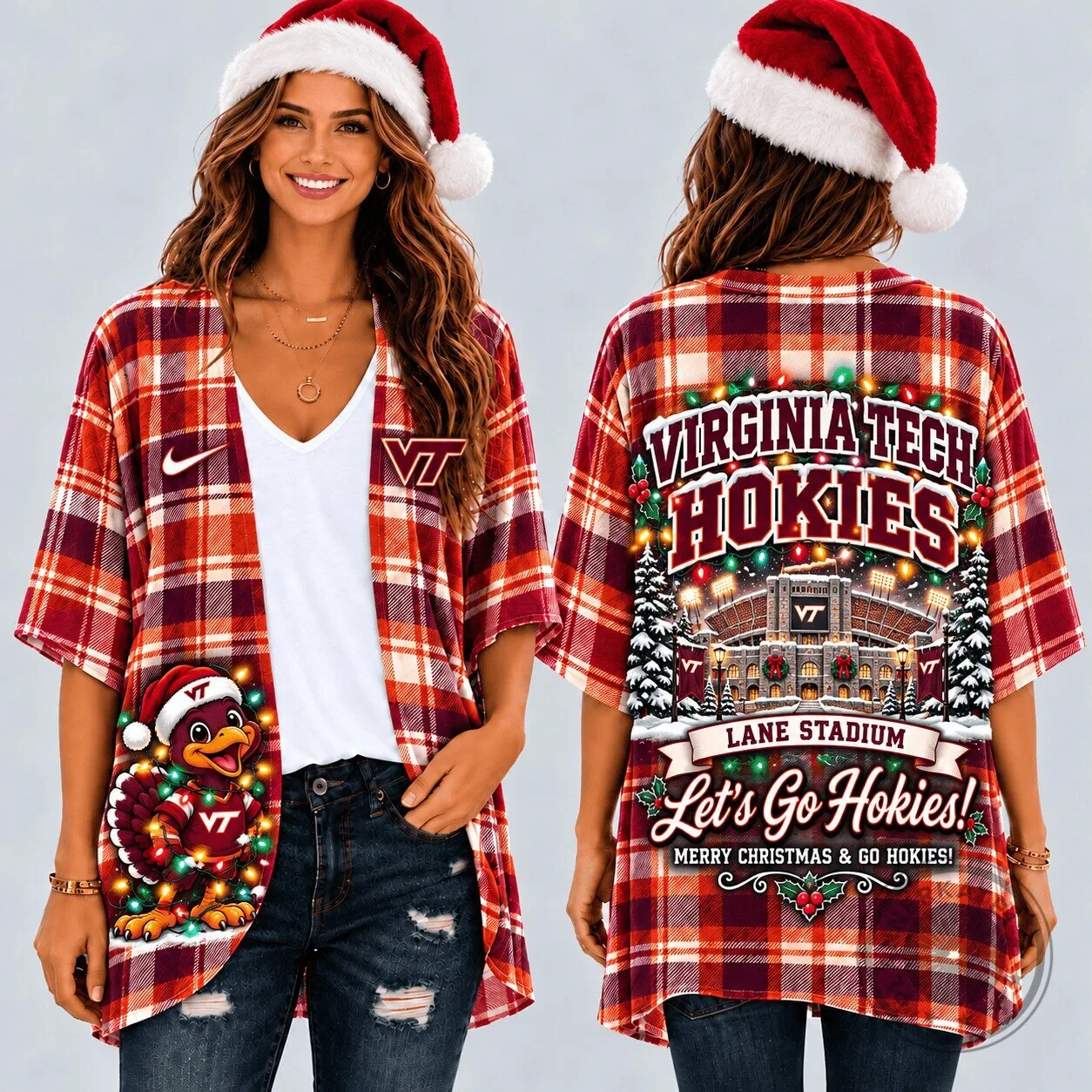 Virginia Tech Hokies Christmas Lane Stadium Plaid Kimono Cardigan 1 Virginia Tech Hokies Christmas Lane Stadium Plaid Kimono Cardigan
