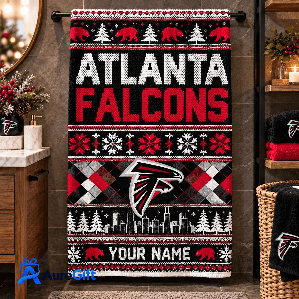 Atlanta Falcons Christmas Ugly Sweater Style Personalized Bath Towel