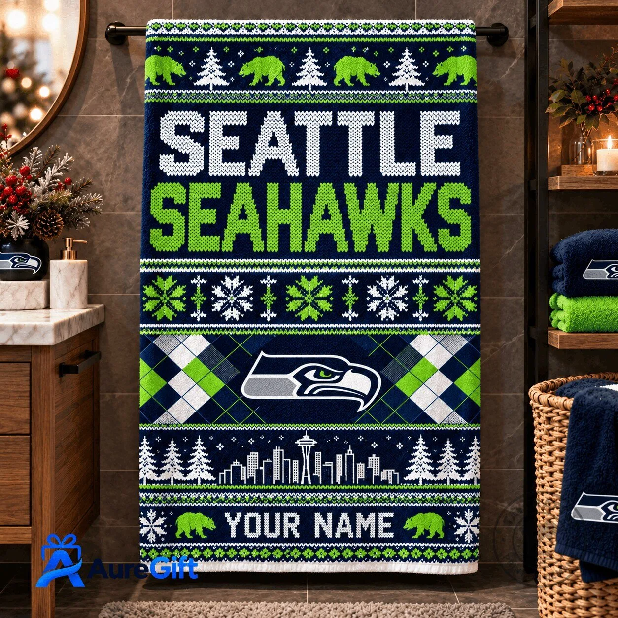 Seattle Seahawks Ugly Christmas Sweater Style Personalized Bath Towel