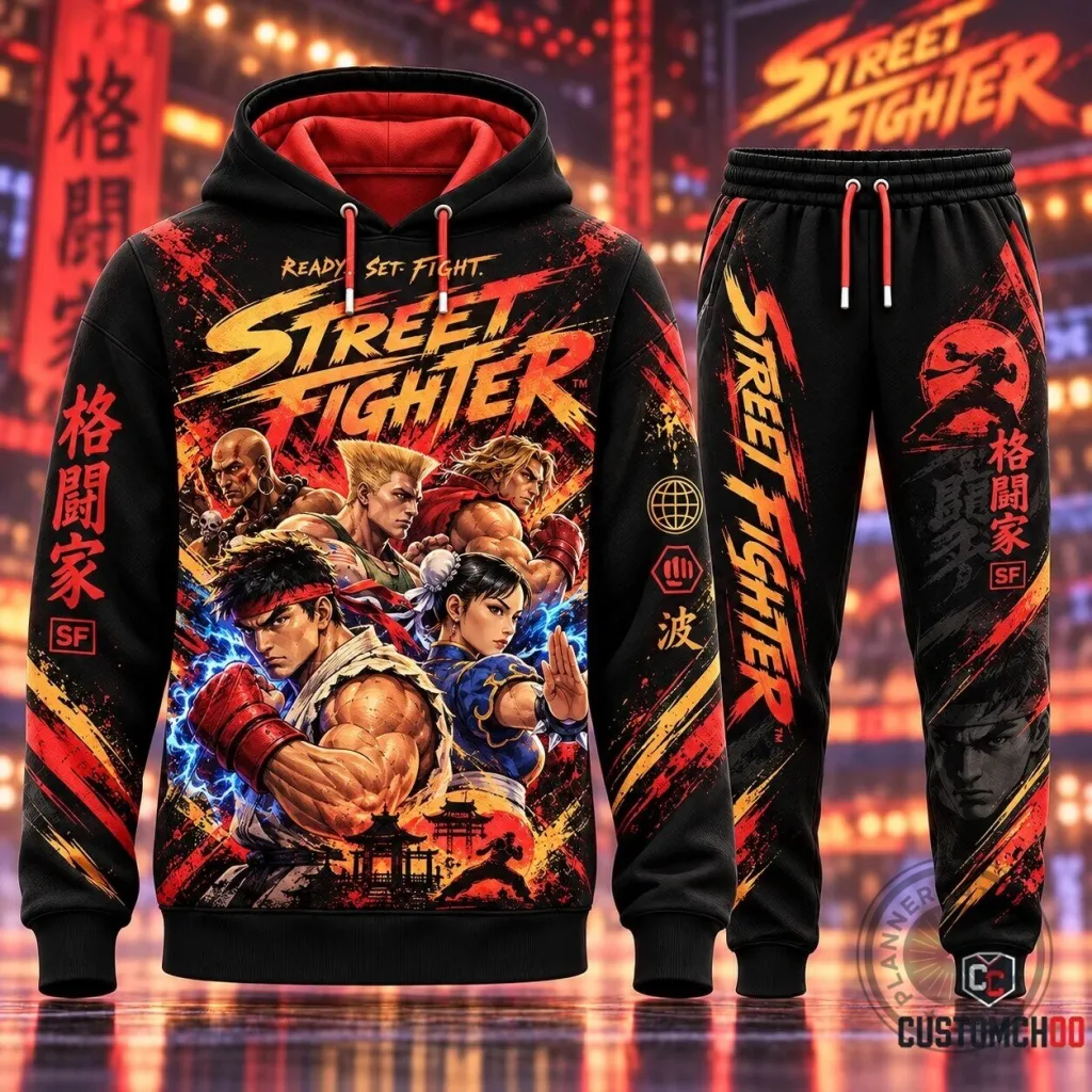 Street Fighter Video Game Characters Black and Red Pullover Hoodie Street Fighter Video Game Characters Black and Red Pullover Hoodie