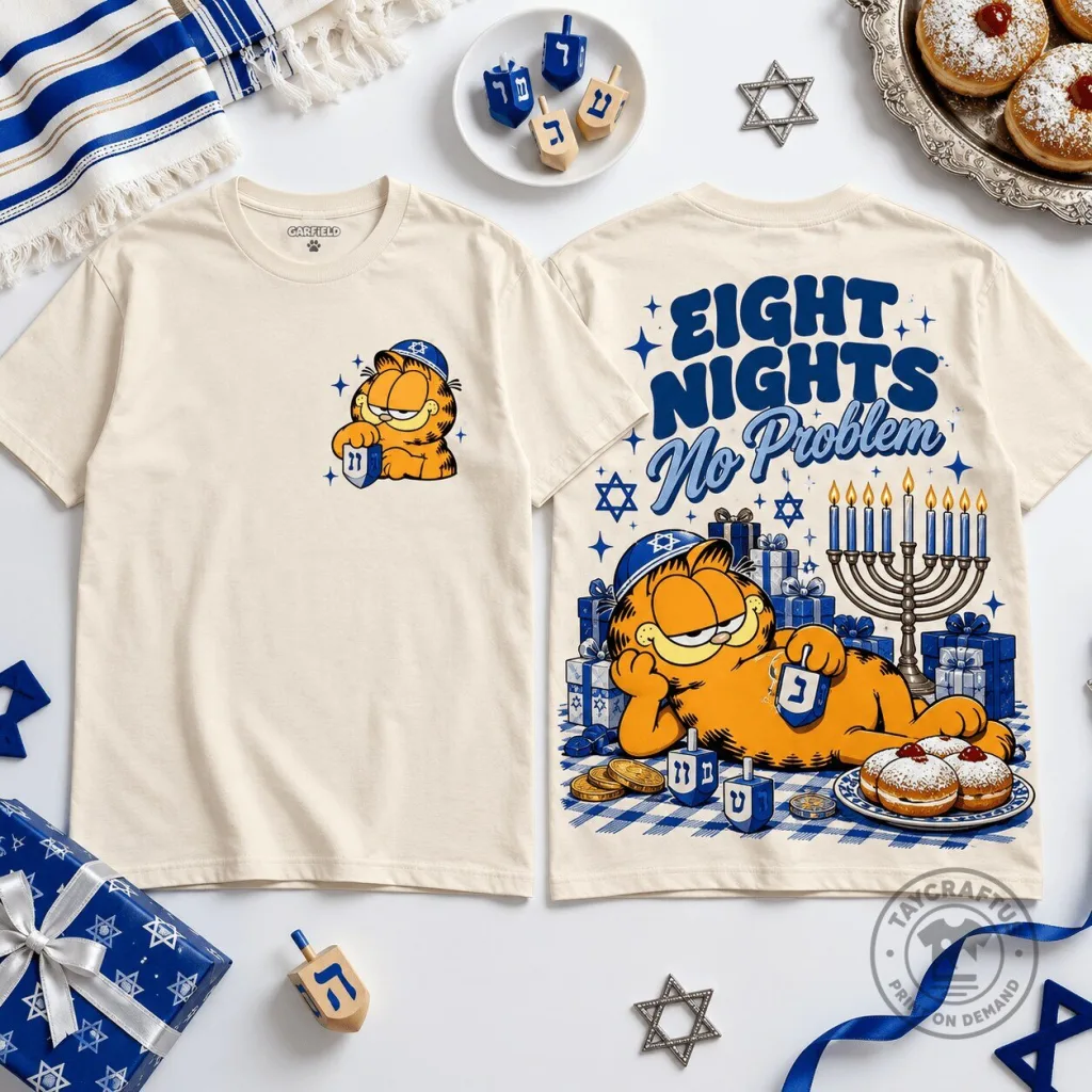 Garfield Hanukkah Eight Nights No Problem Menorah Holiday T-Shirt Garfield Hanukkah Eight Nights No Problem Menorah Holiday T-Shirt