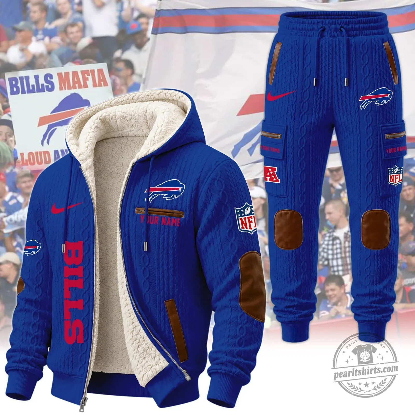 Buffalo Bills Sherpa Fleece Lined Cable Knit Hoodie and Sweatpants Set