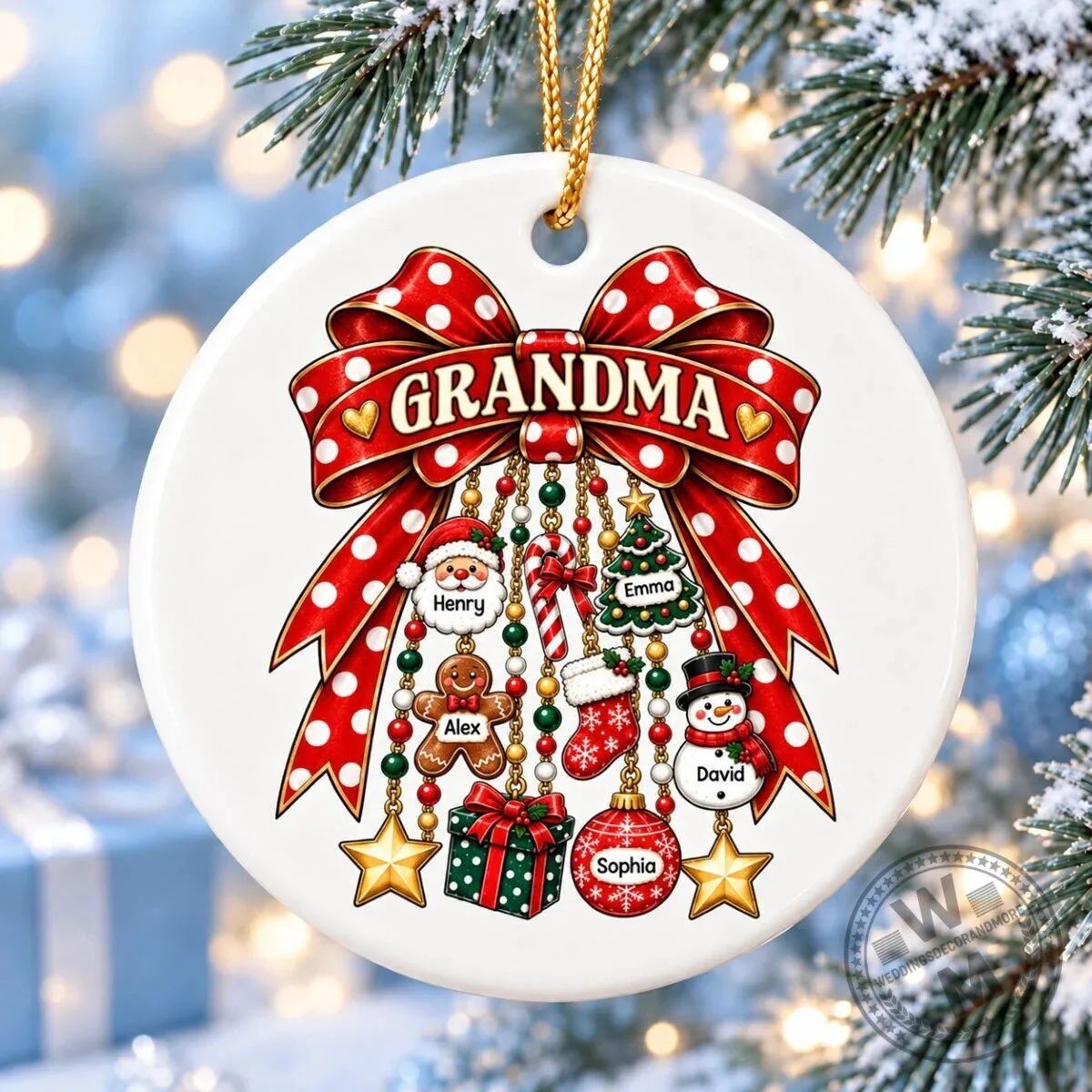 Personalized Grandma Christmas Bow Charm Ornament, Custom Grandchildren Names Holiday Decor