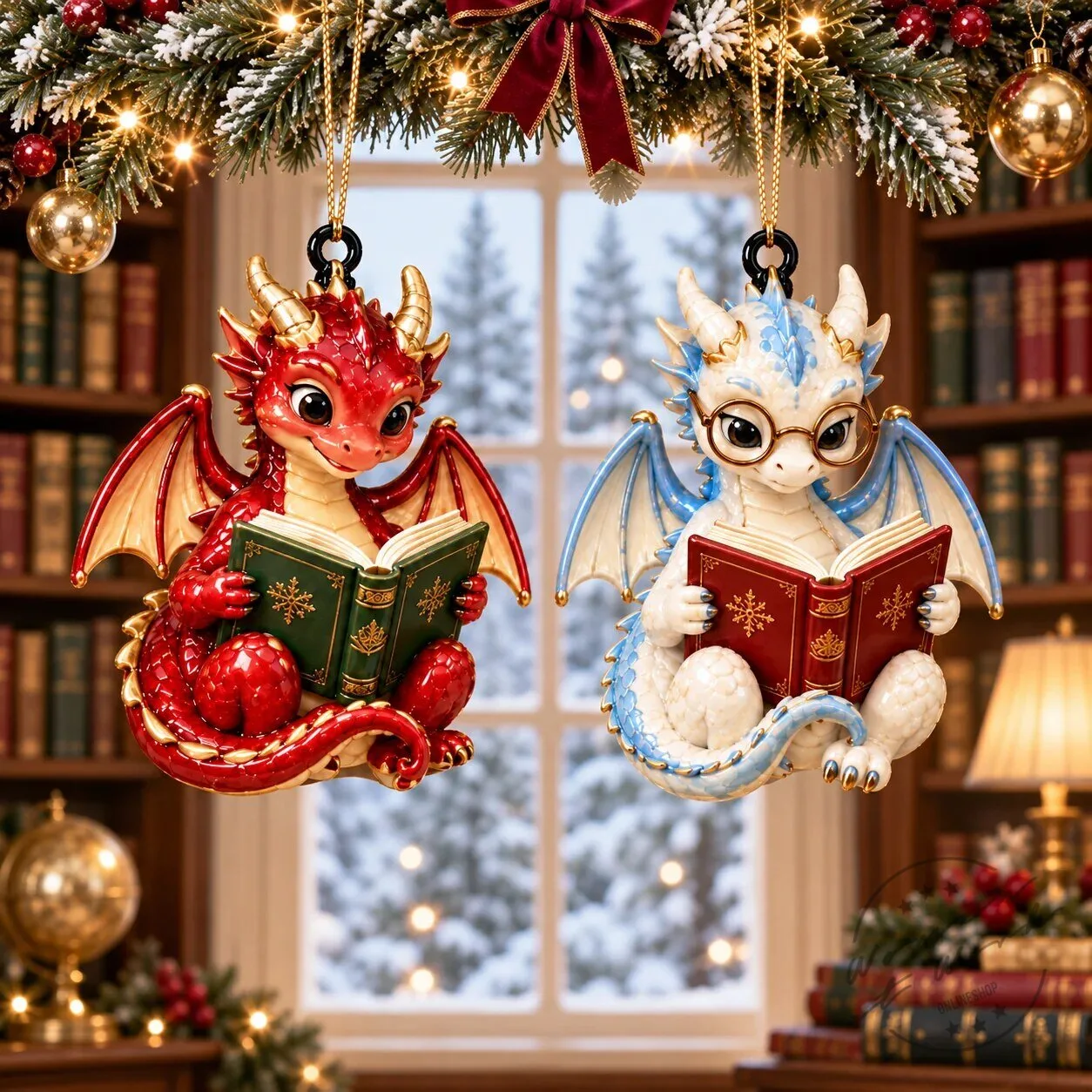 Cute Dragon Reading Book Christmas Tree Ornament for Book Lovers