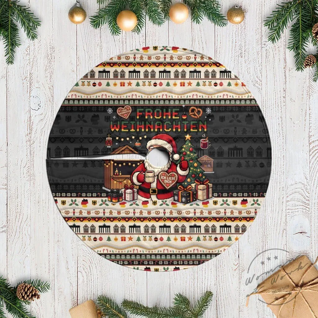 German Frohe Weihnachten Christmas Tree Skirt with Santa Claus and Brandenburg Gate