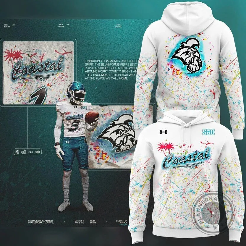 Coastal Carolina Football Chanticleers Airbrushed Splatter Art White Hoodie