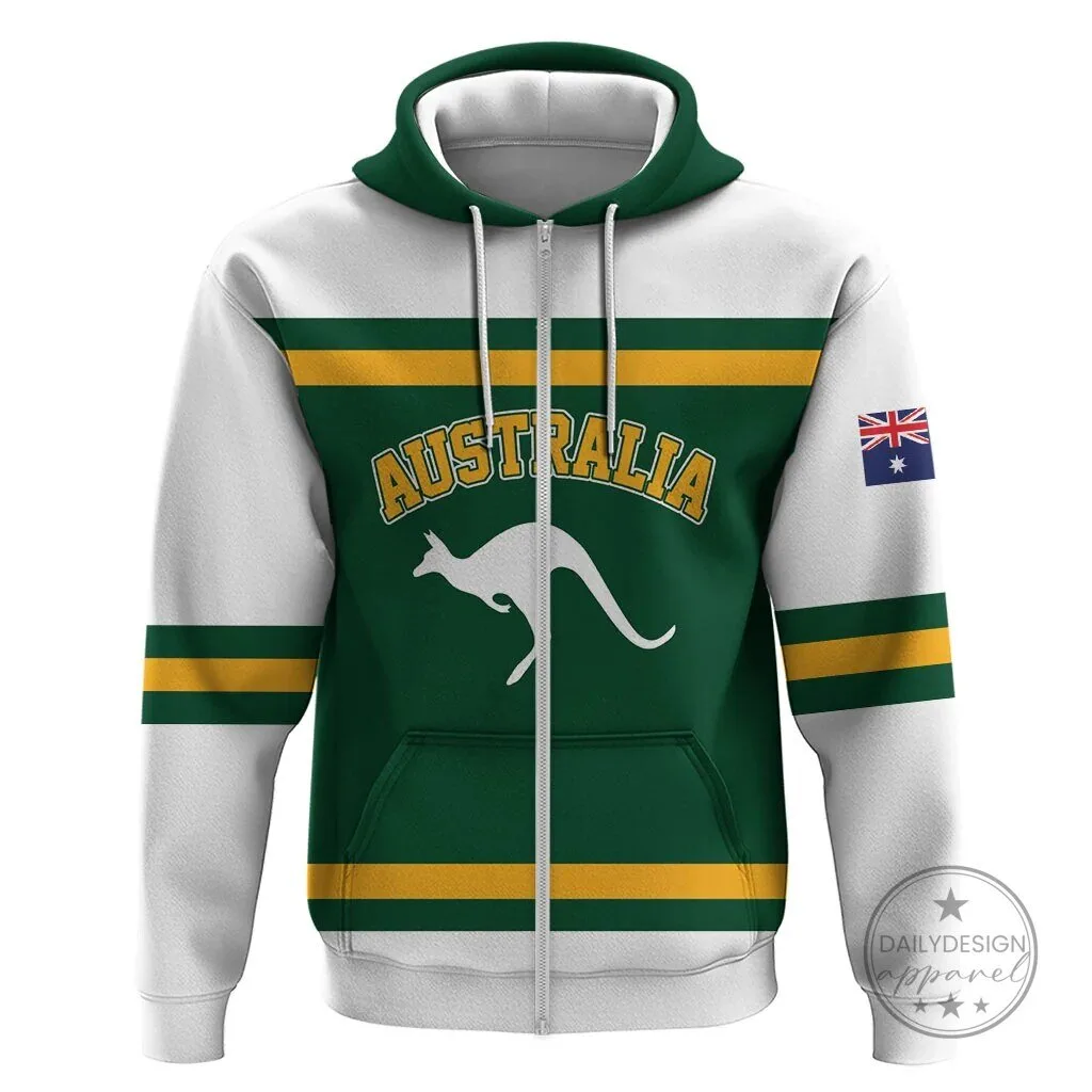 Australia National Team Kangaroo Mascot Green and Gold Striped Zip Hoodie