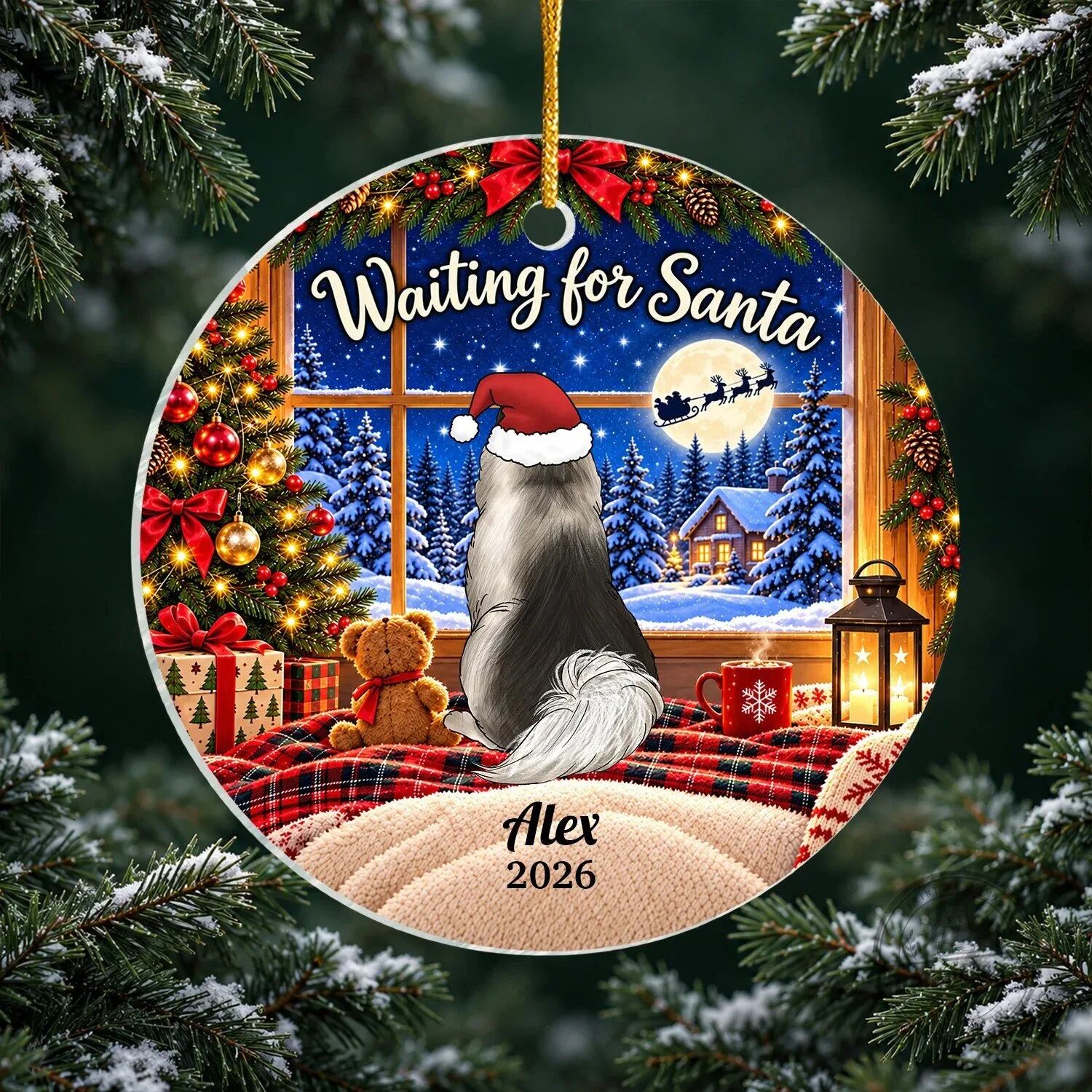 Personalized Border Collie Dog Waiting For Santa Christmas Tree Ornament