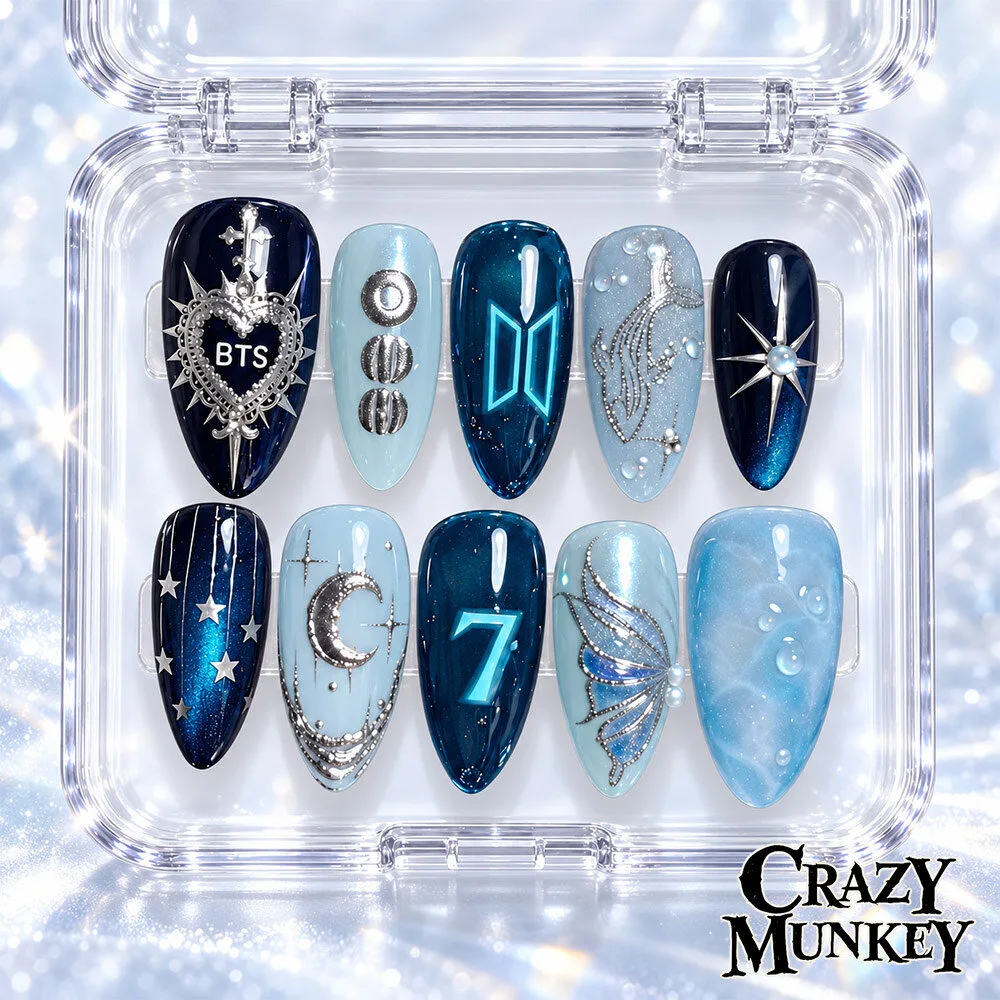 BTS ARMY Kpop Blue Silver Celestial Press On Nails | Accessories