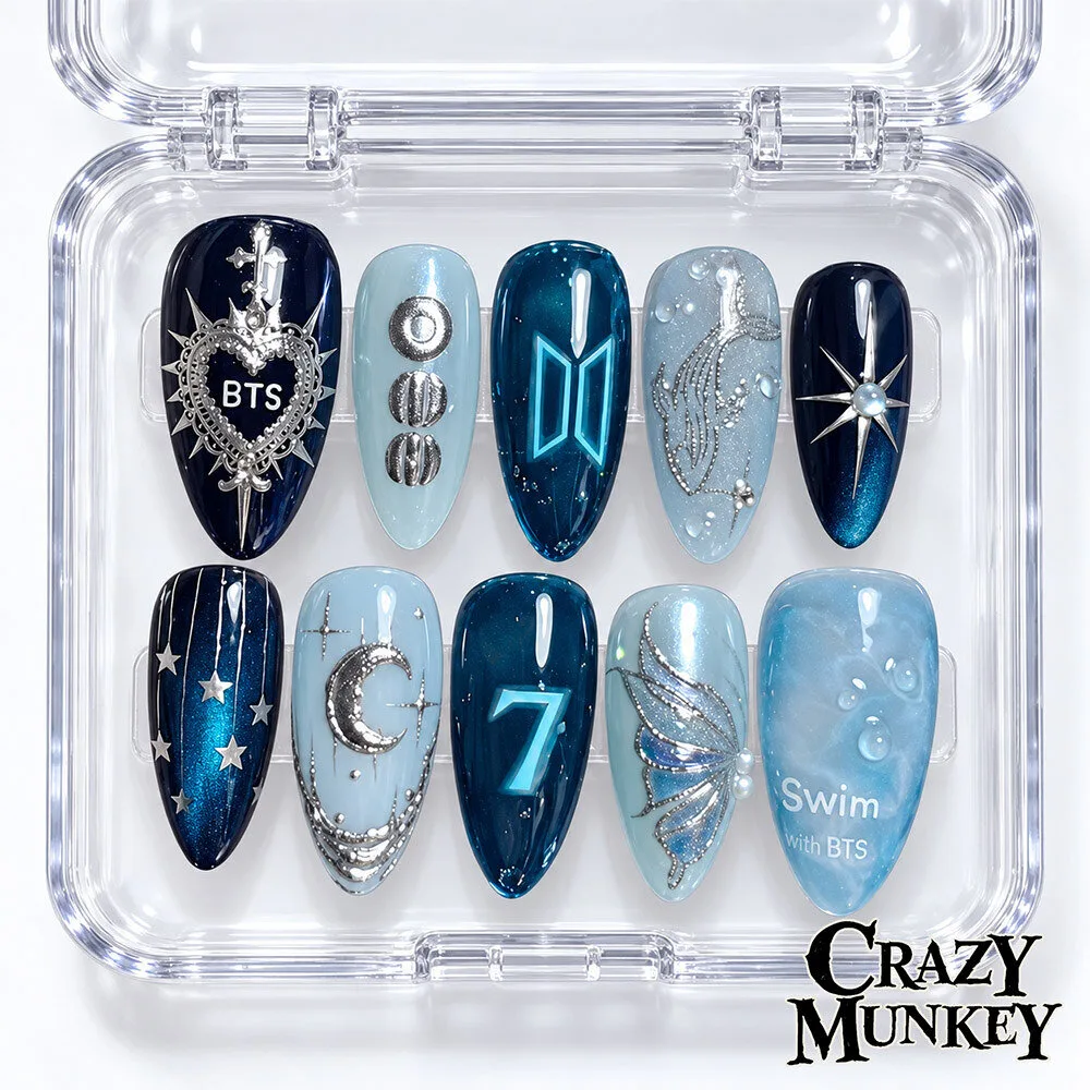 BTS ARMY Kpop Blue Silver Celestial Press On Nails | Accessories 3 BTS ARMY Kpop Blue Silver Celestial Press On Nails | Accessories