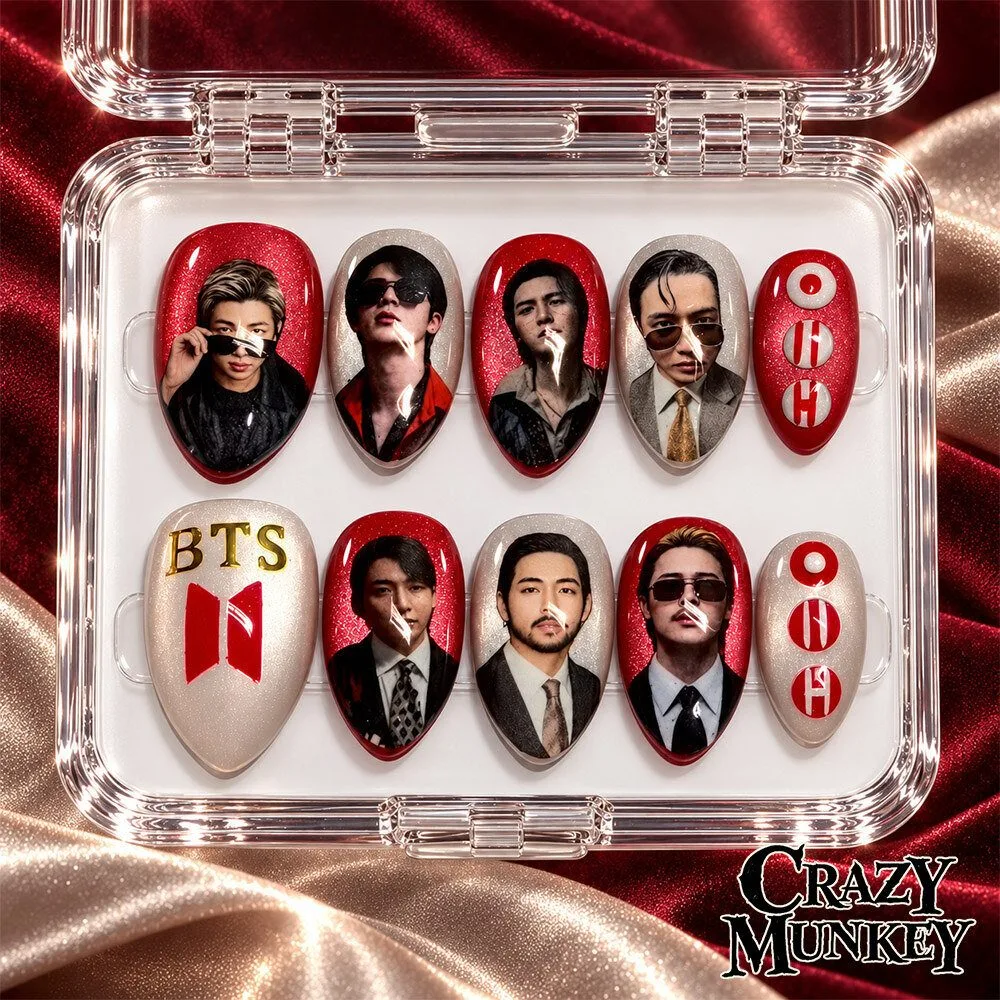 BTS Kpop Members Photo Red Black Press On Nails Set | Accessories