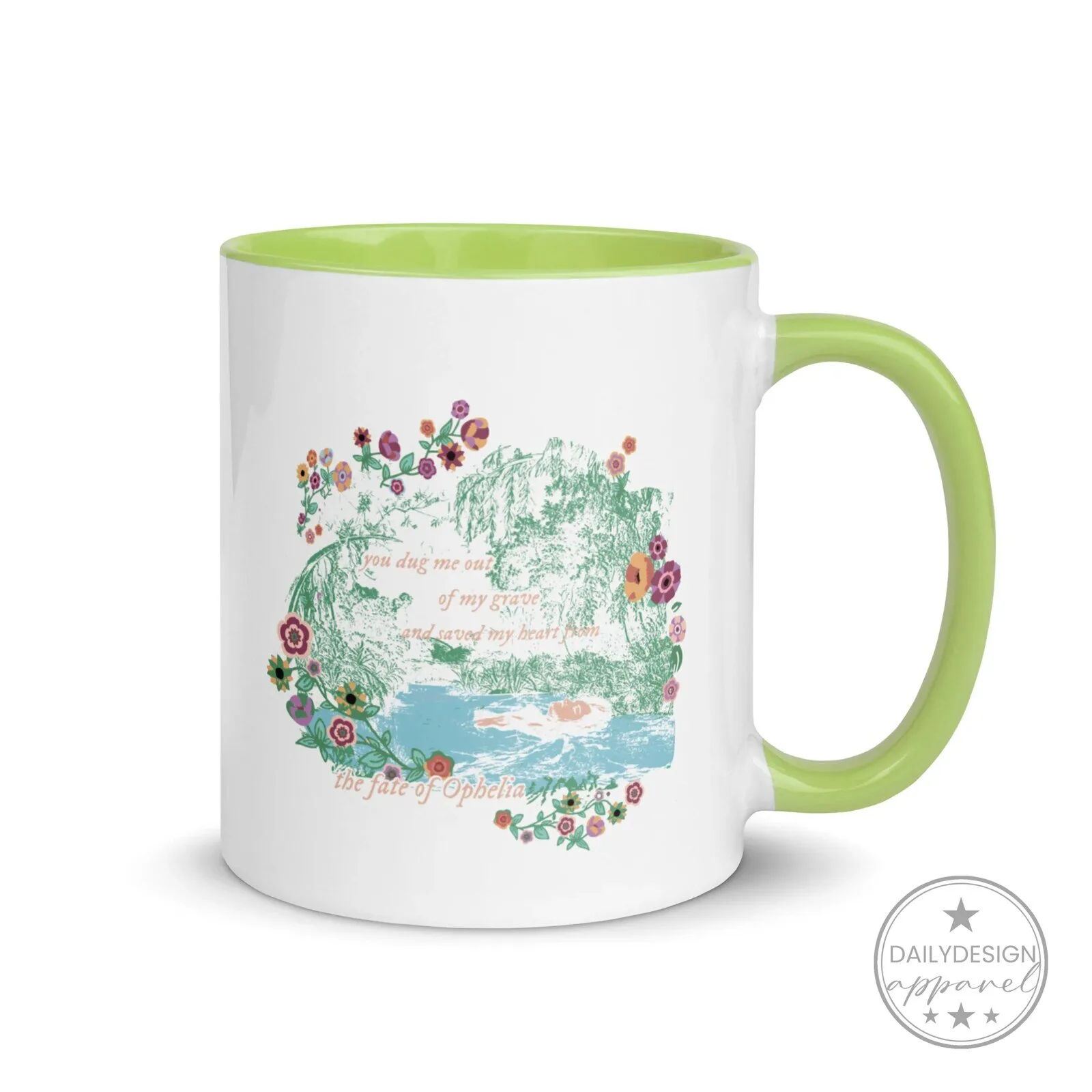 Ophelia's Fate Floral Wreath Design Coffee Mug with Green Handle and Interior