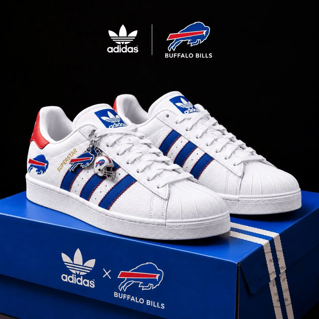 Adidas Buffalo Bills Superstar White Blue Stripe Low Top Sneakers