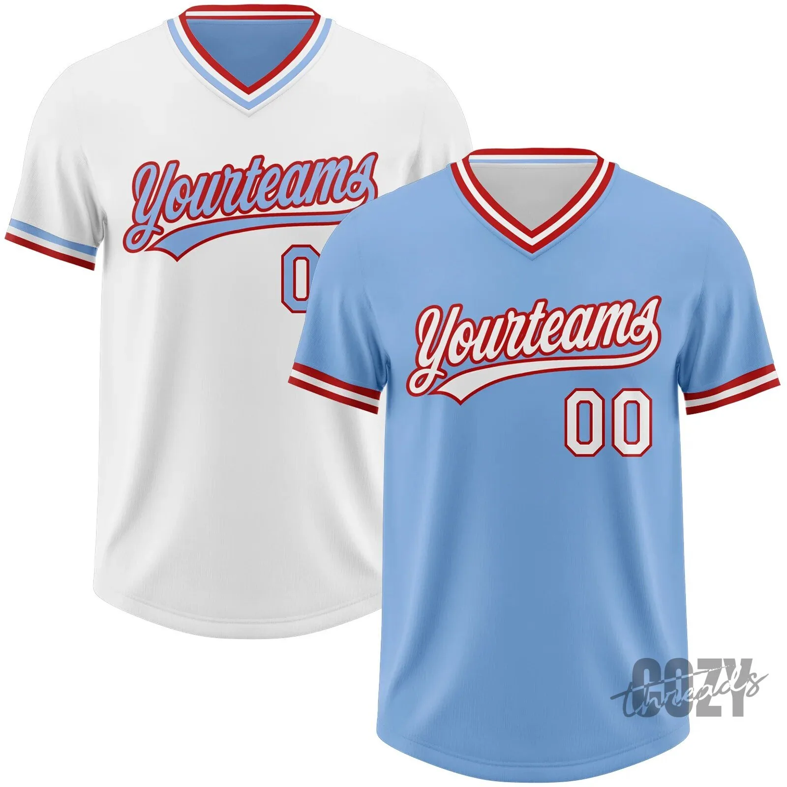 Custom Light Blue White Red Reversible Pullover Baseball Jersey Shirt