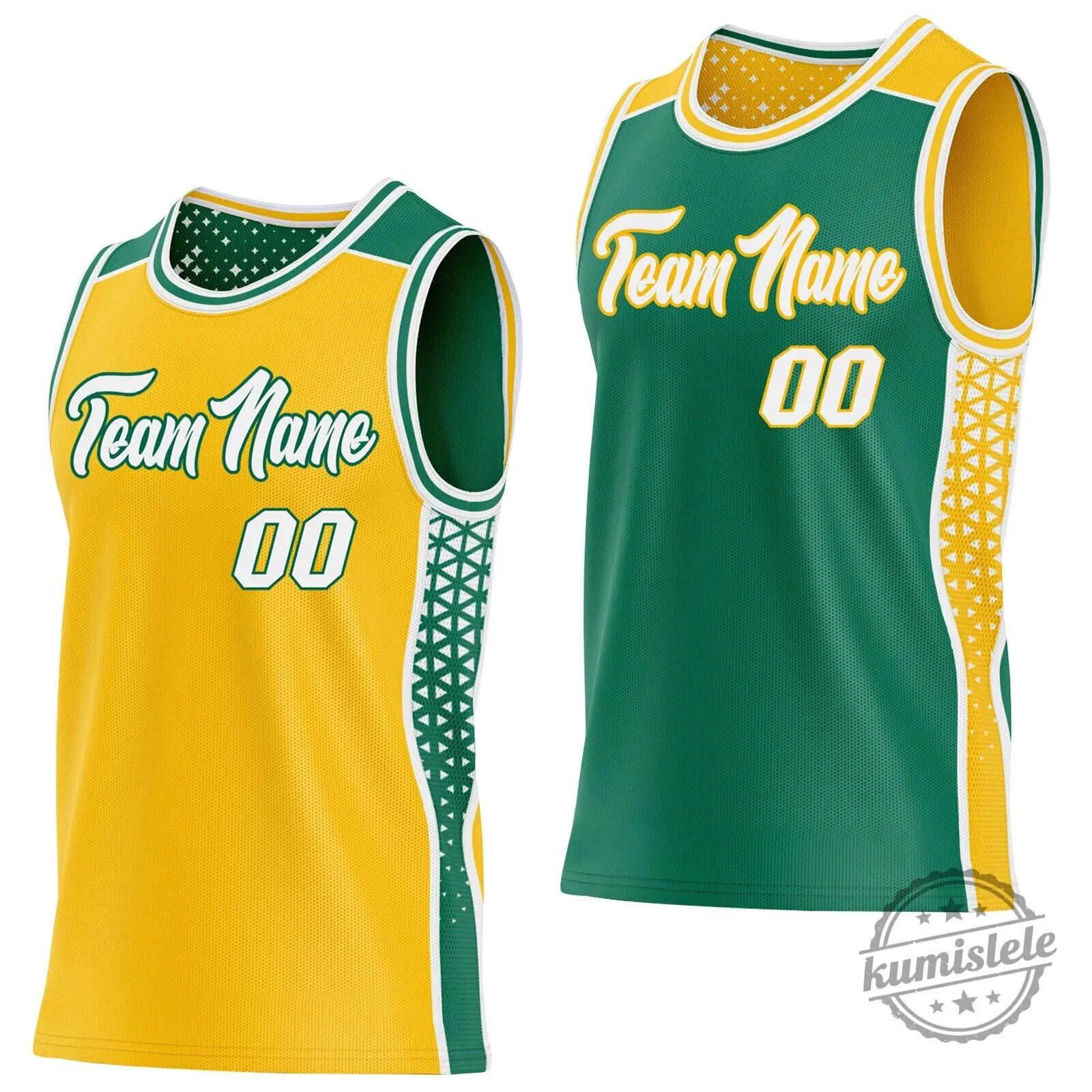 Custom Gold White Kelly Green Side Panel Stripe Geometric Triangle Gradient Dot Reversible Basketball Jersey