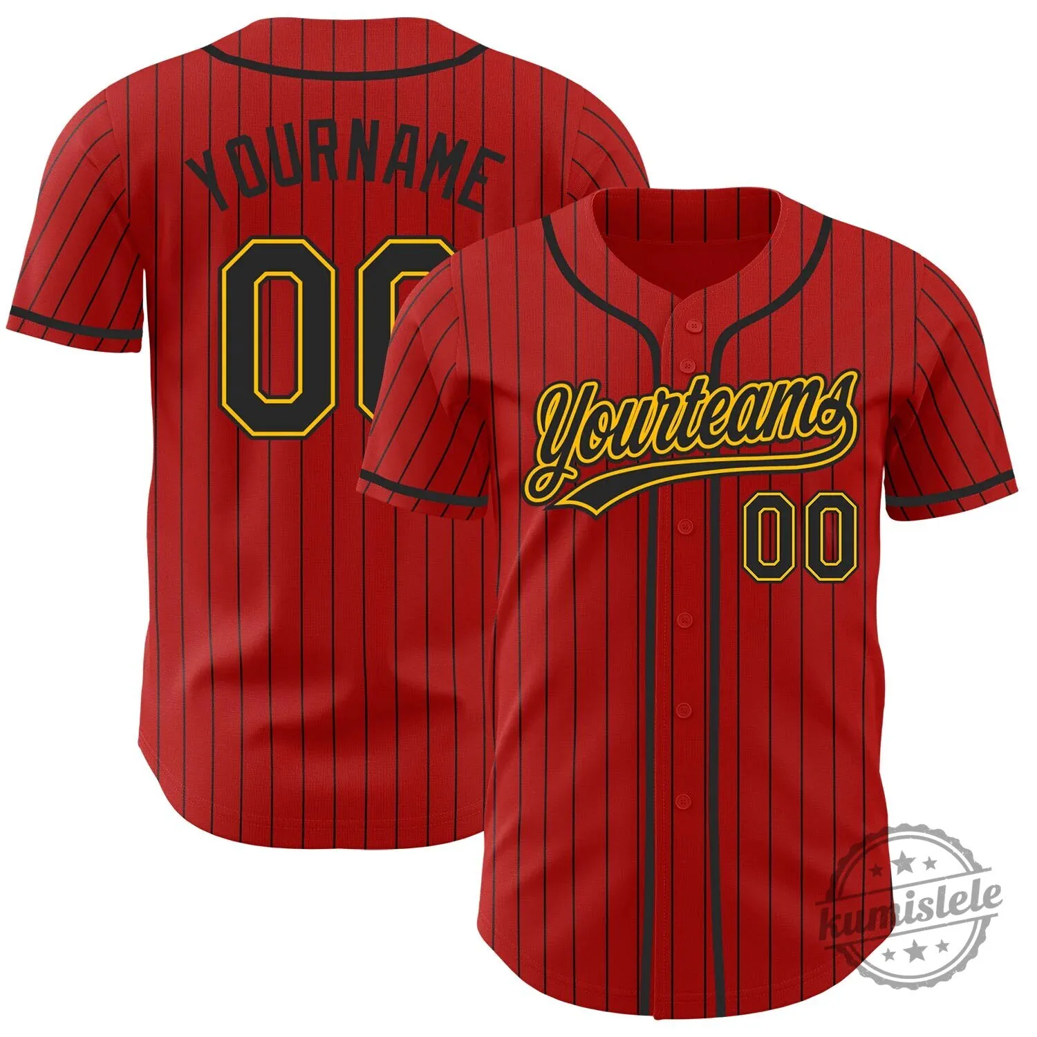 Custom Red Black Pinstripe Gold Authentic Baseball Jersey with Your Name and Number