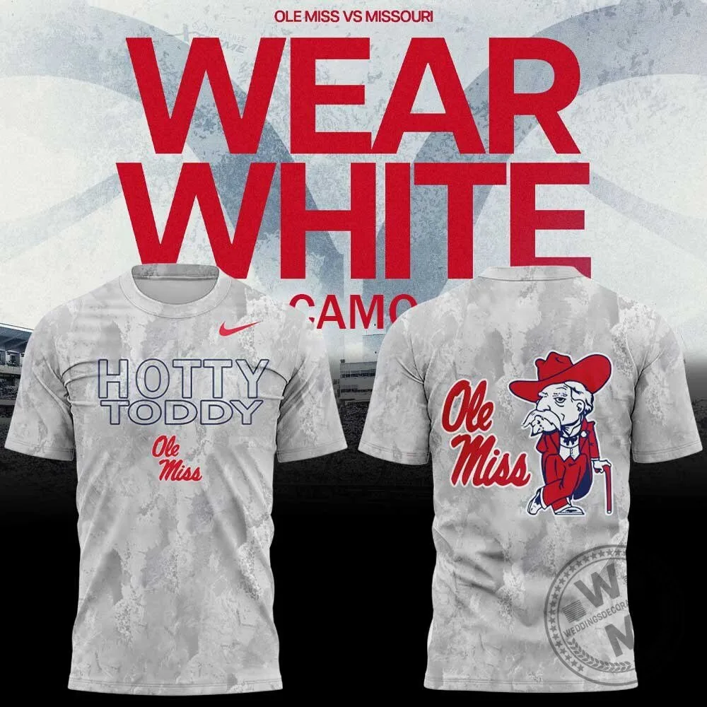 White Camouflage T-Shirt for Ole Miss Game Day with Hotty Toddy Design