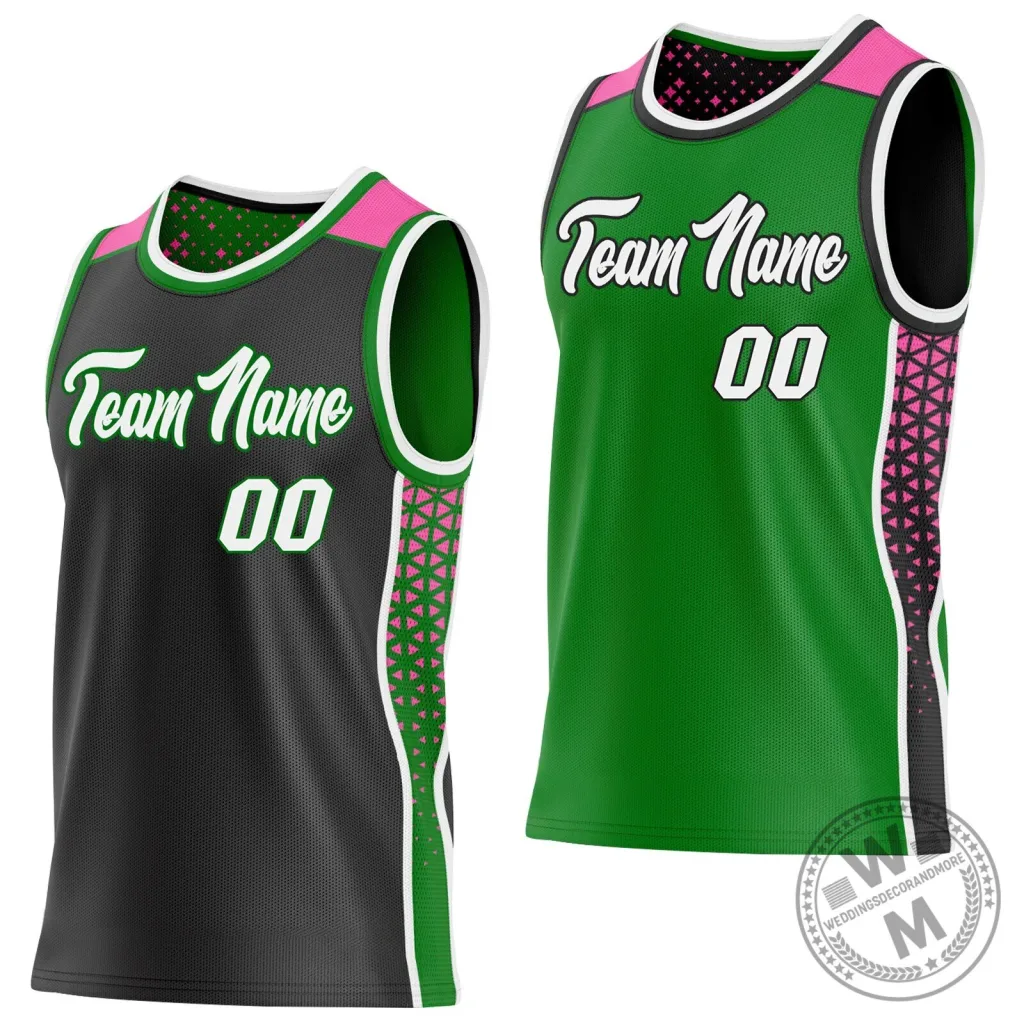 Customizable Green Black Pink Geometric Reversible Basketball Jersey Customizable Green Black Pink Geometric Reversible Basketball Jersey