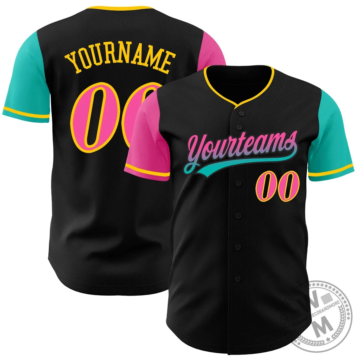 Custom Black Pink Aqua Yellow Two Tone Gradient Authentic Baseball Jersey