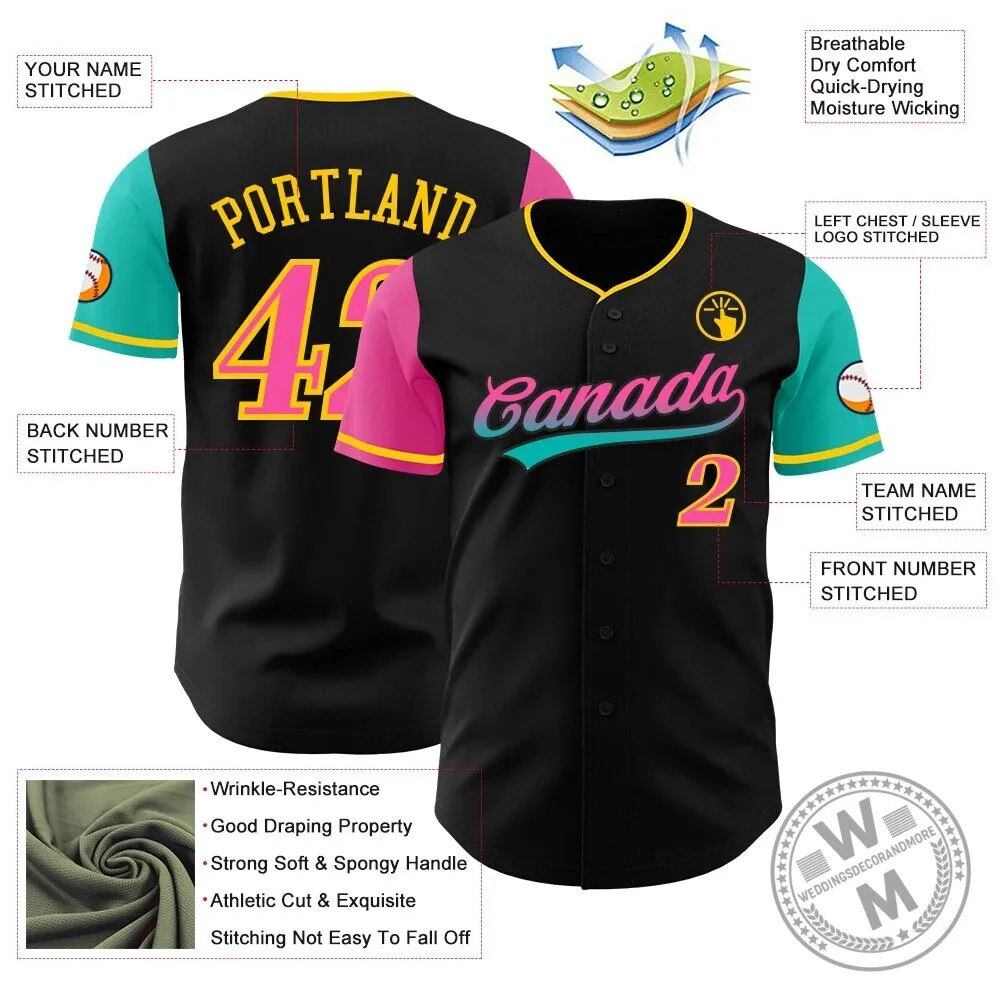 Custom Black Pink Aqua Yellow Two Tone Gradient Authentic Baseball Jersey 7 Custom Black Pink Aqua Yellow Two Tone Gradient Authentic Baseball Jersey