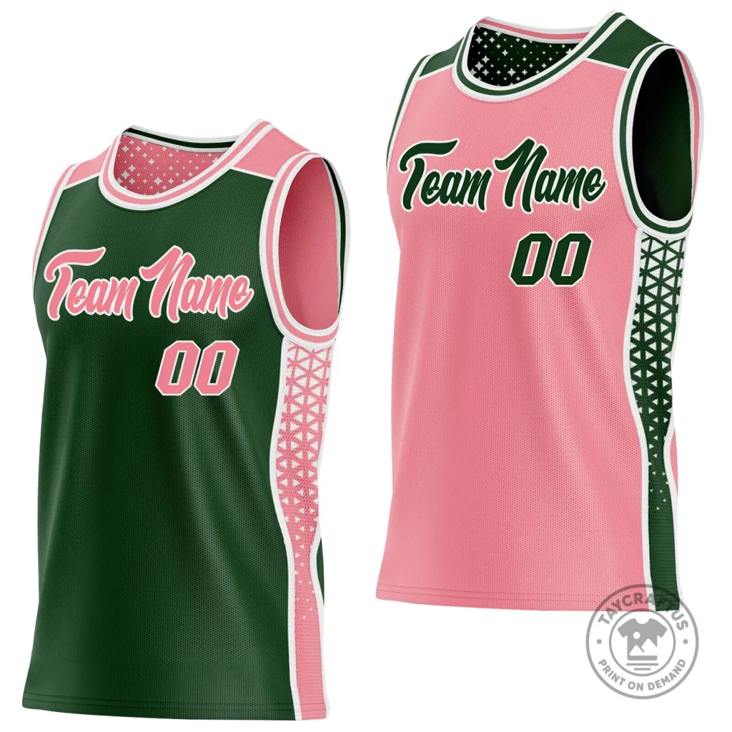 Reversible Basketball Jersey with Custom Pink and Green Geometric Panels Reversible Basketball Jersey with Custom Pink and Green Geometric Panels