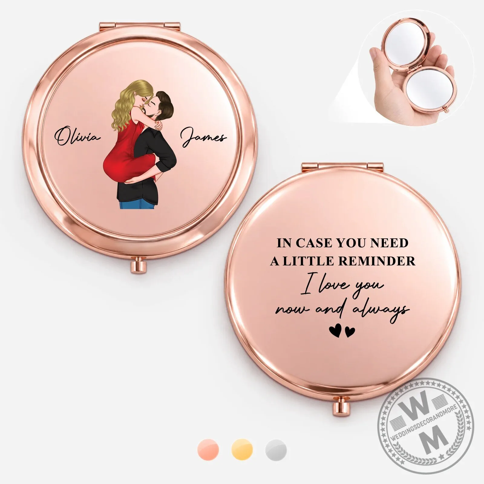 Personalized Couple Portrait Rose Gold Compact Mirror with Custom Names 5 Personalized Couple Portrait Rose Gold Compact Mirror with Custom Names