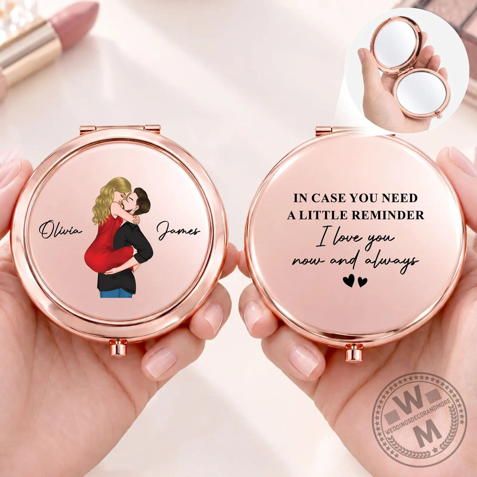 Personalized Couple Portrait Rose Gold Compact Mirror with Custom Names 6 Personalized Couple Portrait Rose Gold Compact Mirror with Custom Names