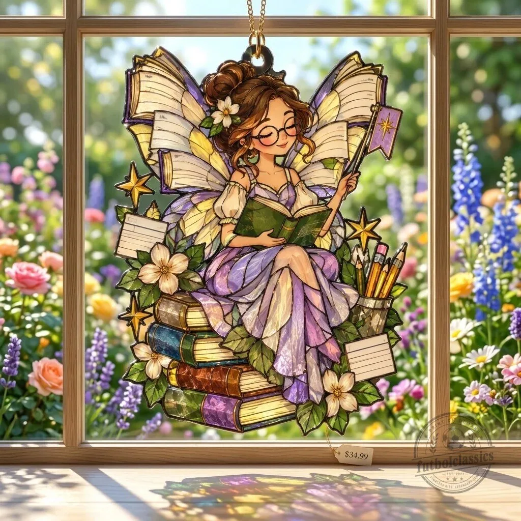 Whimsical School Librarian Book Fairy Stained Glass Window Suncatcher Decor 1 Whimsical School Librarian Book Fairy Stained Glass Window Suncatcher Decor