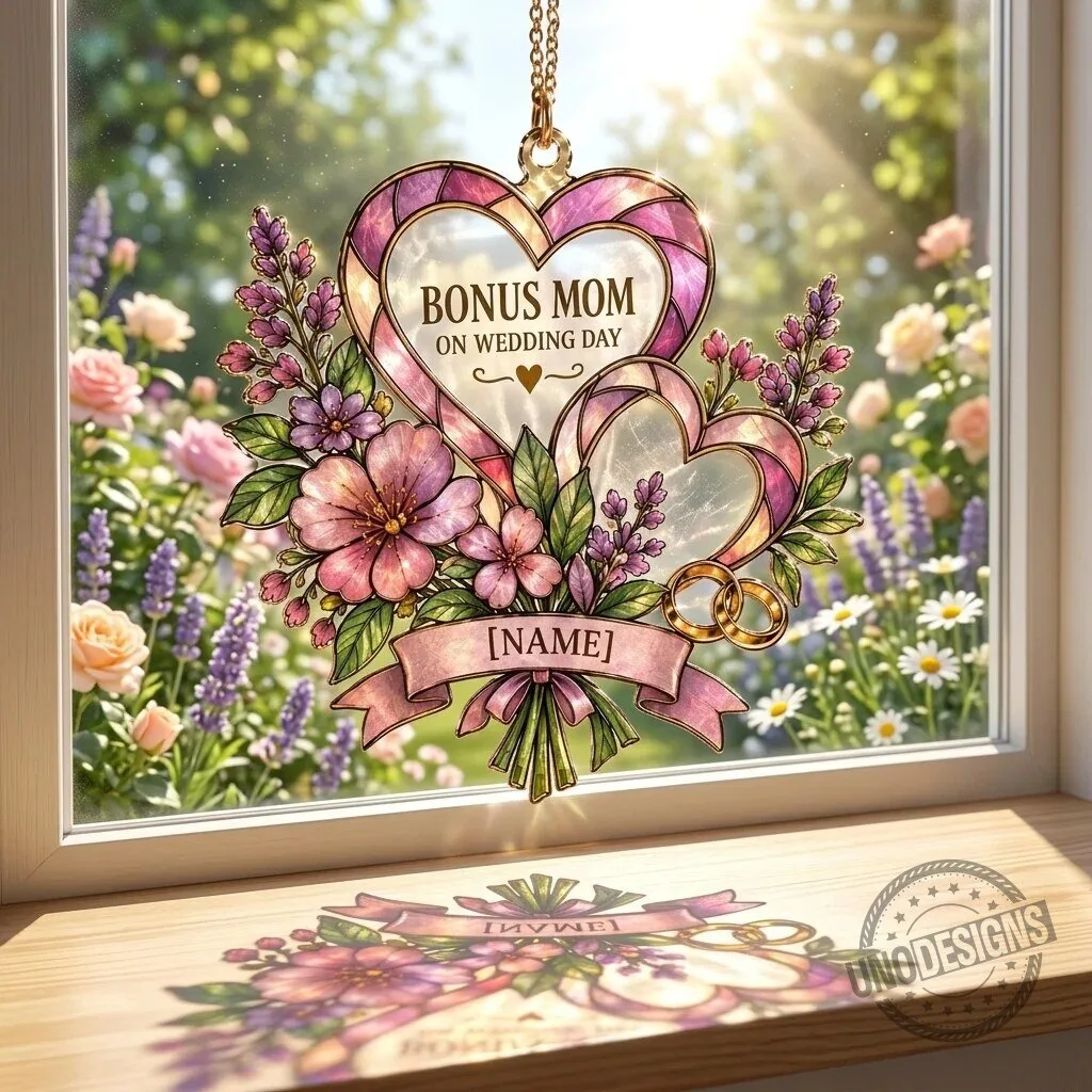 Personalized Bonus Mom Wedding Day Floral Heart Suncatcher Gift
