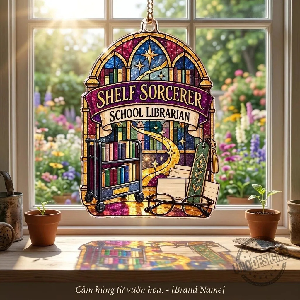 Shelf Sorcerer School Librarian Stained Glass Style Suncatcher