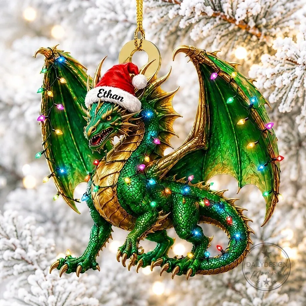 Personalized Green Dragon Christmas Tree Ornament with Santa Hat and Lights