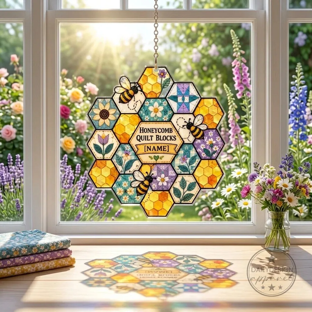 Personalized Honeycomb Quilt Blocks Suncatcher for Quilters and Bee Lovers