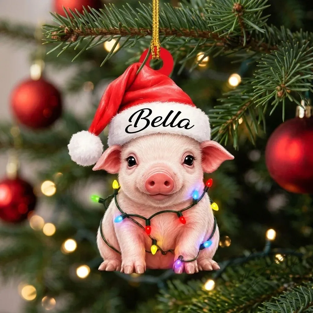 Personalized Piglet in Santa Hat Christmas Lights Holiday Ornament