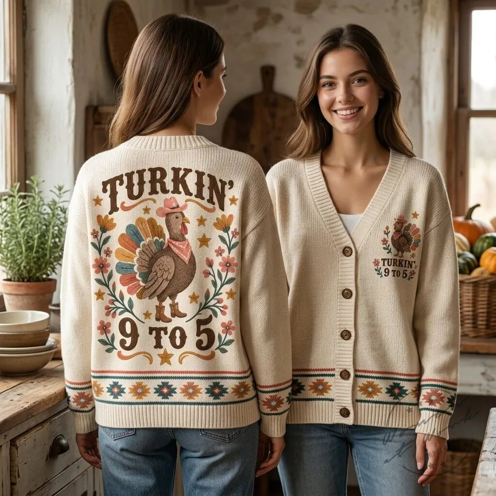 Funny Thanksgiving Turkey 9 to 5 Cowboy Knitted Cardigan